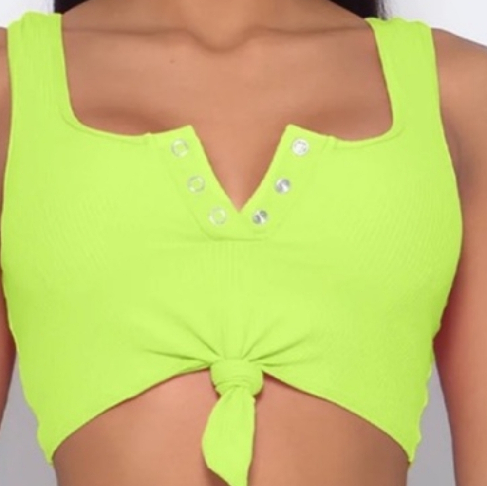 Bombshell Sportswear Neon Yellow Knotted Crop Top Size M NWOT